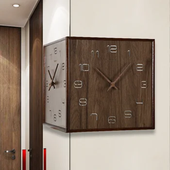 אגרוף-בחינם עץ מלא פינה דו-צדדי שעון קיר מודרני מינימליסטי פינה דו-צדדית שעון הביתה הסלון נורדי השעון