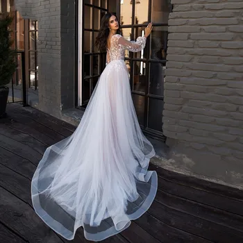 עמוק V-צוואר שמלות חתונה חוף פנס ארוך שרוולים תחרה, אפליקציות טול באורך רצפת Vestido De נוביה תחרה שמלות כלה