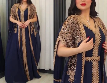 קלאסי המוסלמים שמלת ערב שמלה כחולה V בצוואר שרוול הגלימה לפצל הרצפה שני חלקים זהב תחרה אפליקציה עם חגורה אלגנטית לנשף.