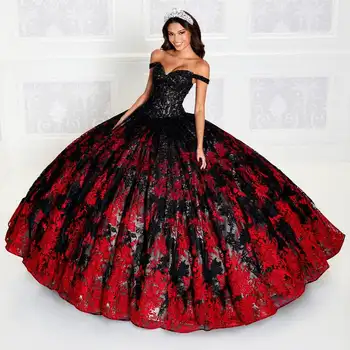 שחור אדום נפוח הטקס שמלות שמלת נשף את הכתף אפליקציות תחרה חרוזים מתוק מקסיקני 16 שמלות 15 Anos
