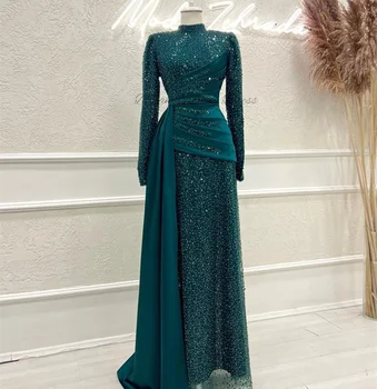 אלגנטי בצבע ירוק כהה 2023 המוסלמים נצנצים שרוול ארוך צווארון גבוה קו החלוק שמלות ערב יוקרה חרוזים נשף שמלת מסיבת מותאם אישית