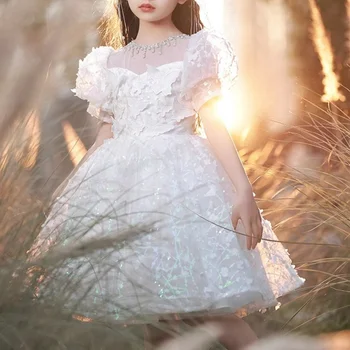פרפר אפליקציות O-צוואר חרוזים עיצוב פרח ילדה שמלות פאף שרוול אלגנטית נסיכה Vestidos שמלת נשף ילד יום ההולדת השמלה